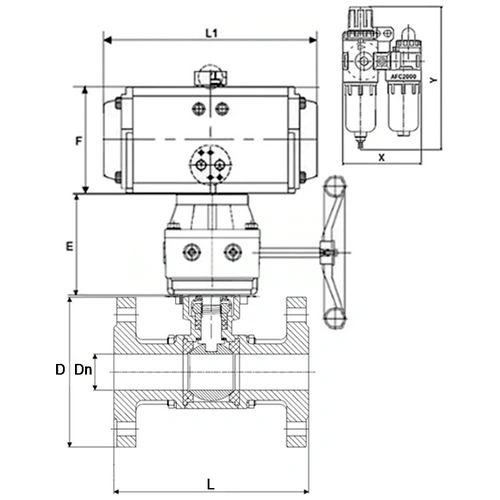Кран шаровой Ду100 Ру25 фланцевый, корпус - нержавеющая сталь 316, полнопроходной, уплотнение - PTFE, с пневмоприводом PA-DA-105, пневмораспределителем 4M310-08 DC24V, ручным Дублером MON3-700-T38-ISO, БПВ AFC2000 (BV3232P(3pc)-FP-F-ISO-H)