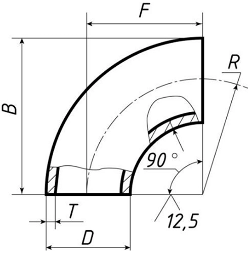 Отвод бесшовный крутоизогнутый 90° Св-Св-Ст20 6″ Ду150 Ру40 ГОСТ 17375-2001 исполнение 2, наружный диаметр - 159мм, толщина стенки - 4.5мм, корпус - сталь 20, присоединение - под приварку