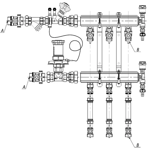 Узел коллекторный отопления Giacomini GE553-B2 1″ Ду32 Ру10 GE553Y122 2 выхода x1/2″, корпус - латунь, этажный, подключение к системе с балансировочной парой