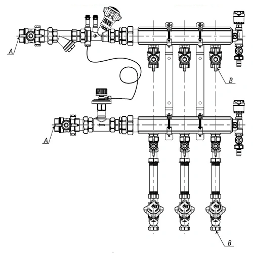Узел коллекторный отопления Giacomini GE553-B3 1″ Ду40 Ру10 GE553Y652 2 выхода x3/4″, корпус - латунь, этажный, подключение к системе с балансировочной парой
