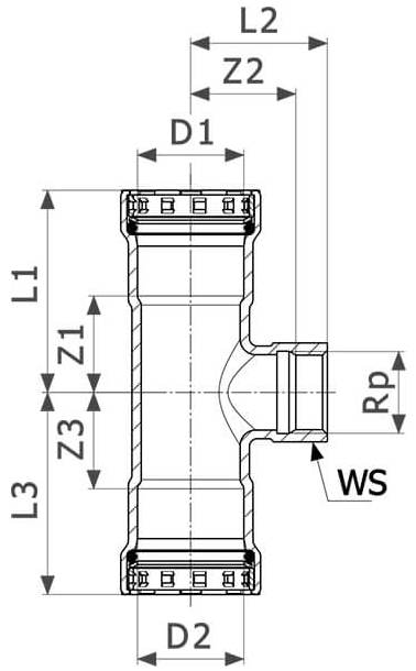 Тройник переходной Viega Megapress с SC-Contur Дн1 1/4″x3/4″x1 1/4″ Ру16 стальной оцинкованный, присоединение - пресс/внутренняя резьба