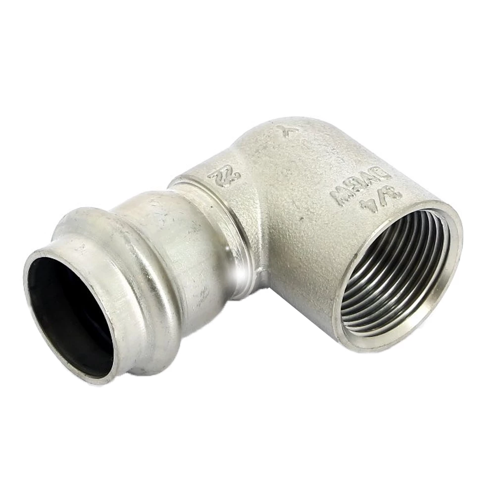 Угольник Viega Sanpress Inox SC-Contur 2314.2 Дн22х3/4″ Ру16 с разъемным соединением и плоской прокладкой, из нержавеющей стали, 90°, внутренняя резьба / пресс