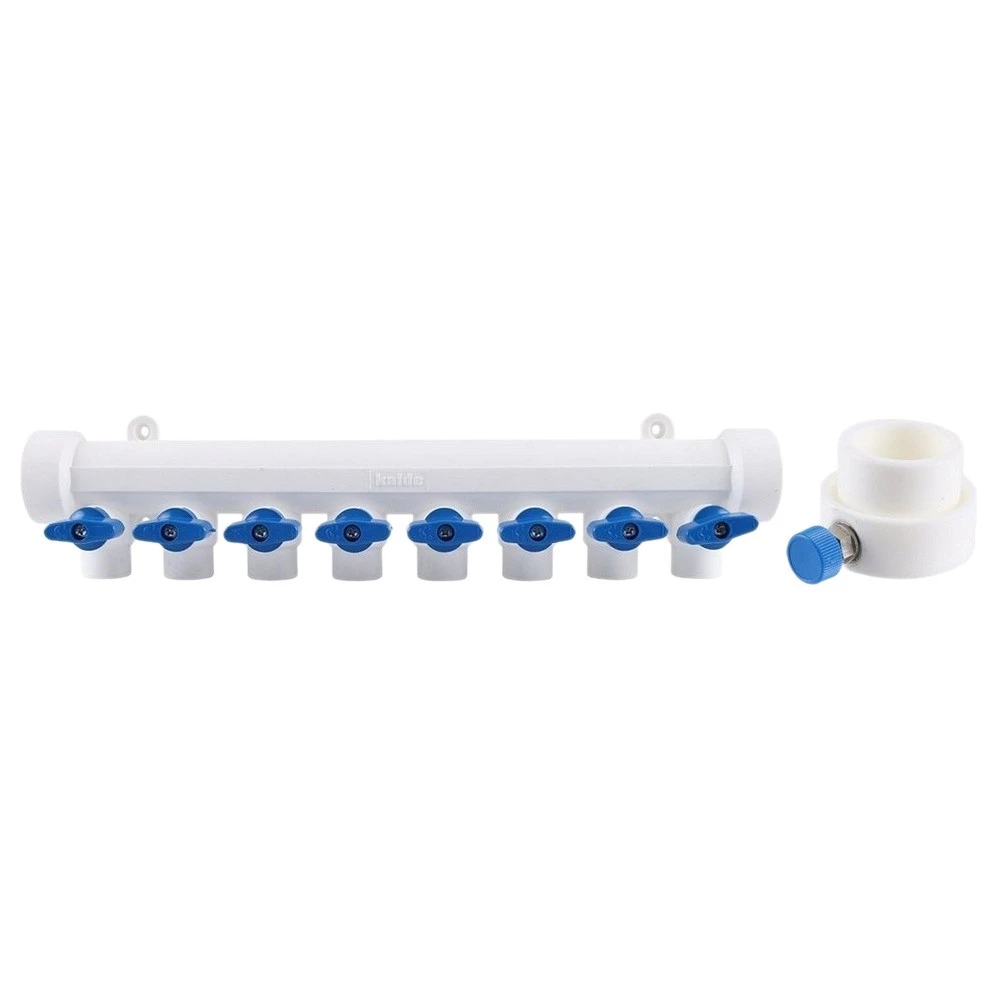 Коллектор PP-R Kalde Дн40/8х20 Ру25 с воздухоотводчиком и запорными кранами, под сварку, корпус - полипропилен, синий