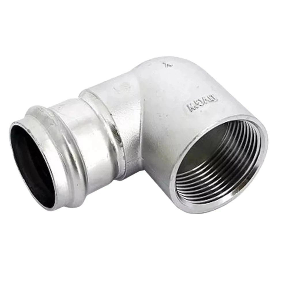 Угольник Viega Sanpress Inox SC-Contur 2314.2 Дн54х2″ Ру16 с разъемным соединением и плоской прокладкой, из нержавеющей стали, 90°, внутренняя резьба / пресс