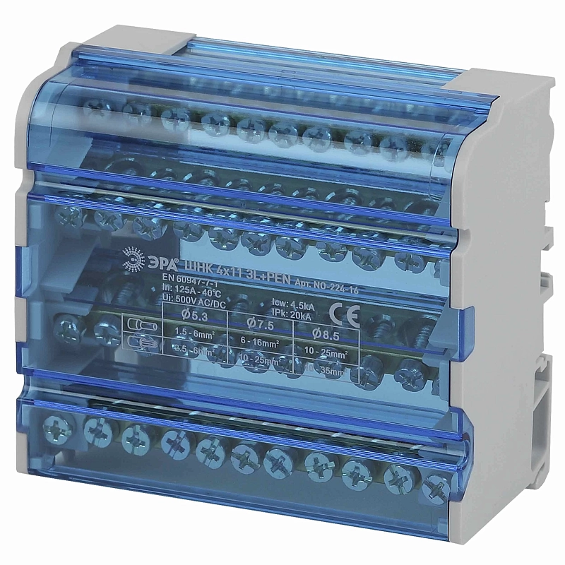 Шины на DIN-рейку ЭРА NO-224-16 в корпусе кросс-модуль ШНК 4х11 3L+PEN, количество полюсов - 4, количество зажимов на полюс - 11 Б0043934