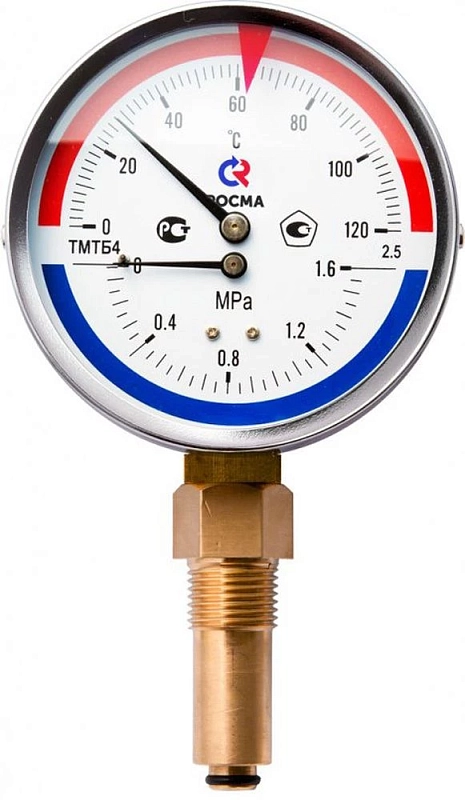 Термоманометр Росма ТМТБ-31Р.2 (0-120°C) (0-1,6MПa) G1/2 2,5, корпус 80мм, тип - ТМТБ-31Р.2, длина клапана 64мм, до 120°С, радиальное присоединение, 0-1,6MПa, резьба G1/2, класс точности 2.5