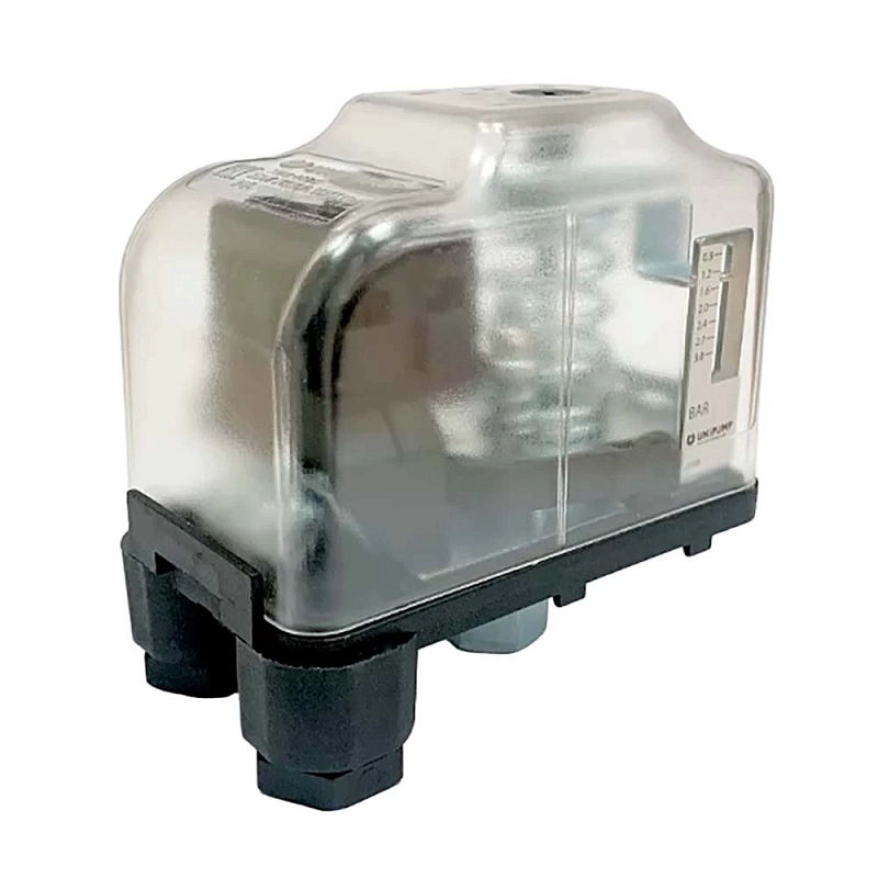 Реле давления Unipump PM/5 Ду8 Ру5 с градуированной шкалой, присоединение - вращающаяся гайка G1/4″, диапазон настройки давления включения - 0.8...3бар, диапазон настройки давления выключения - 1.8...5бар, 220В/50Гц
